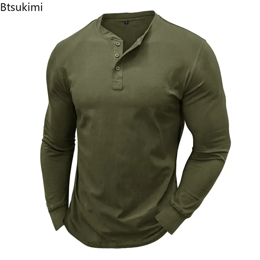 New 2025 Fashion 100% Cotton Shirt Men's Long Sleeved T-shirt Casual Soft Base Shirt Placket Front Button Solid Color Pullover