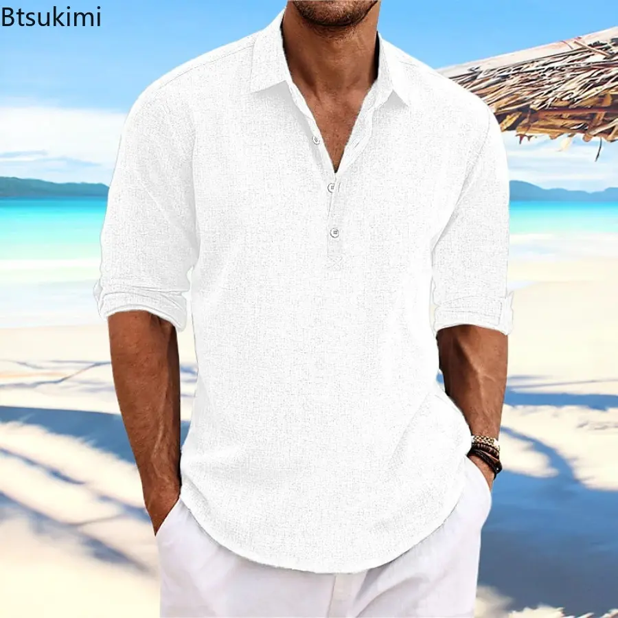 2025 Summer High Quality Men's Casual Cotton Linen Long Sleeve Shirt Solid Color Lapel Button Loose Tops Business Casual Blouse