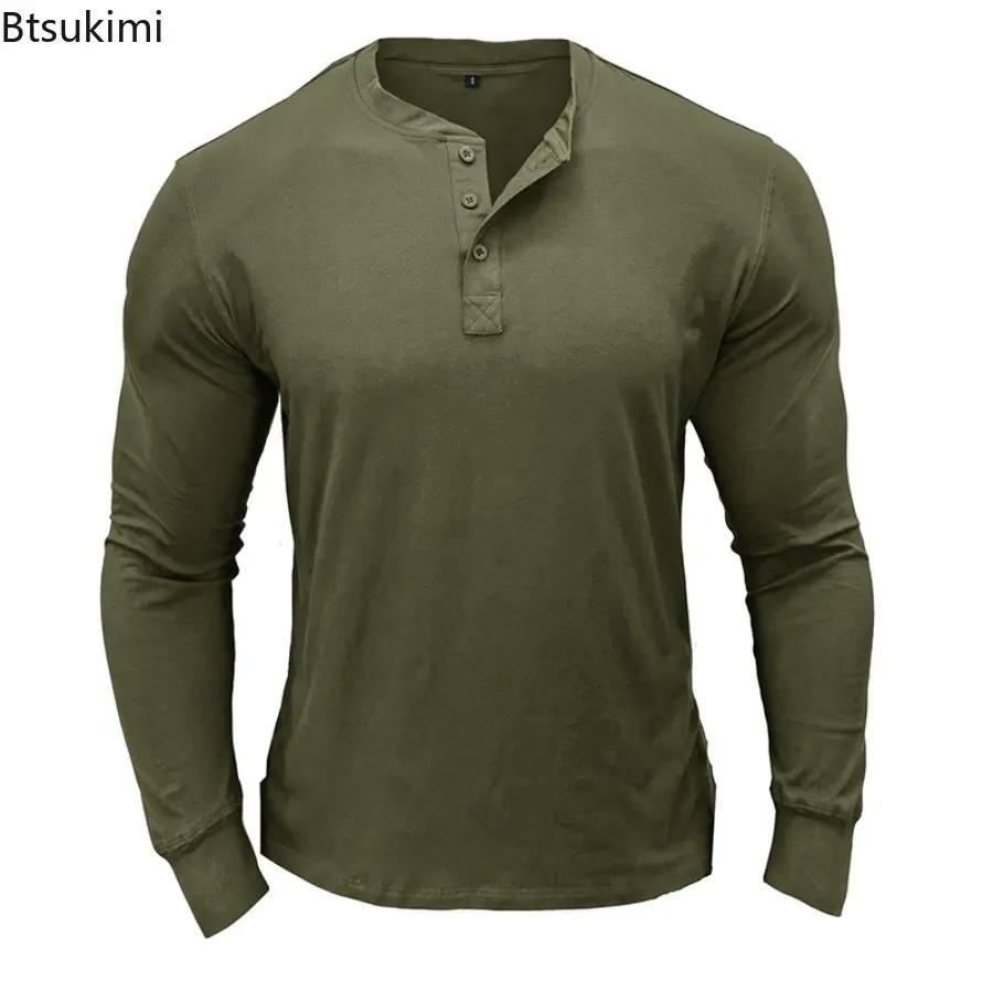 New 2025 Fashion 100% Cotton Shirt Men's Long Sleeved T-shirt Casual Soft Base Shirt Placket Front Button Solid Color Pullover