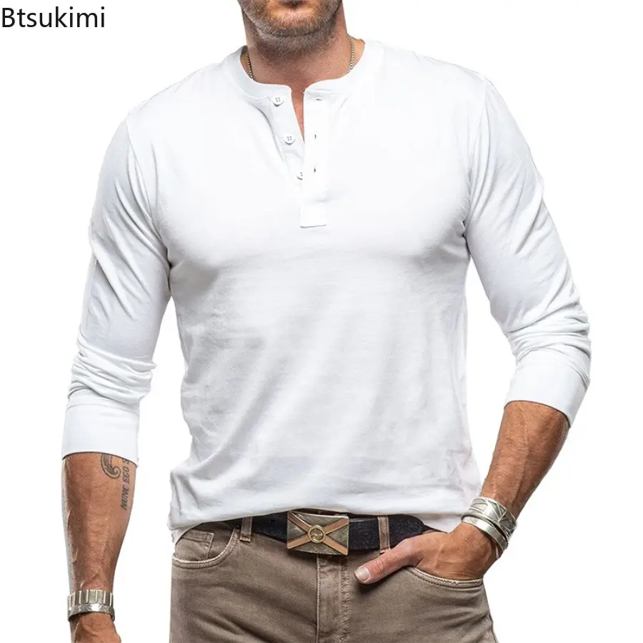 New 2025 Fashion 100% Cotton Shirt Men's Long Sleeved T-shirt Casual Soft Base Shirt Placket Front Button Solid Color Pullover