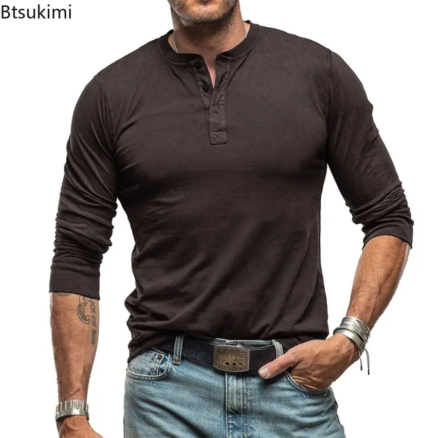 New 2025 Fashion 100% Cotton Shirt Men's Long Sleeved T-shirt Casual Soft Base Shirt Placket Front Button Solid Color Pullover