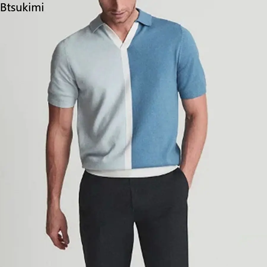 2025 New Men's Knitted Short-sleeved Polo Shirts Fashion Patchwork Contrast Color Design Men Business Casual Lapel Pullover Tops
