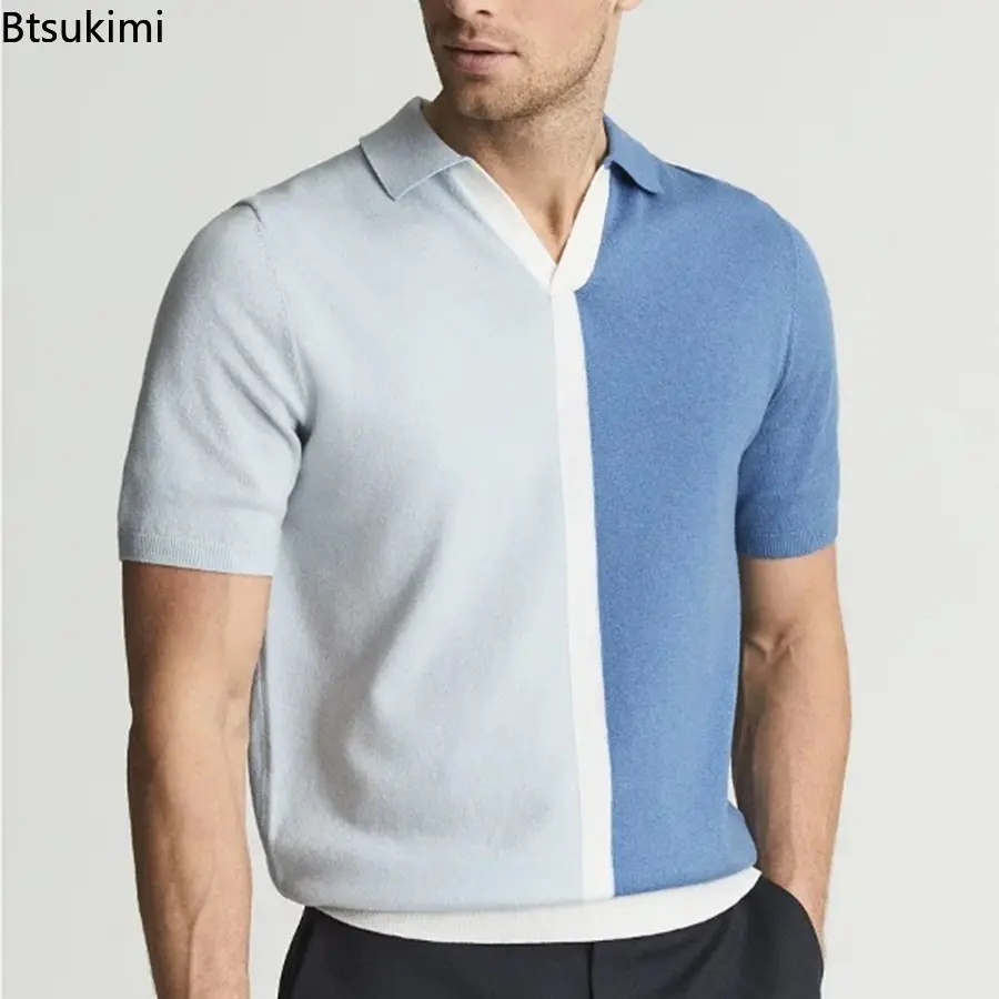 2025 New Men's Knitted Short-sleeved Polo Shirts Fashion Patchwork Contrast Color Design Men Business Casual Lapel Pullover Tops