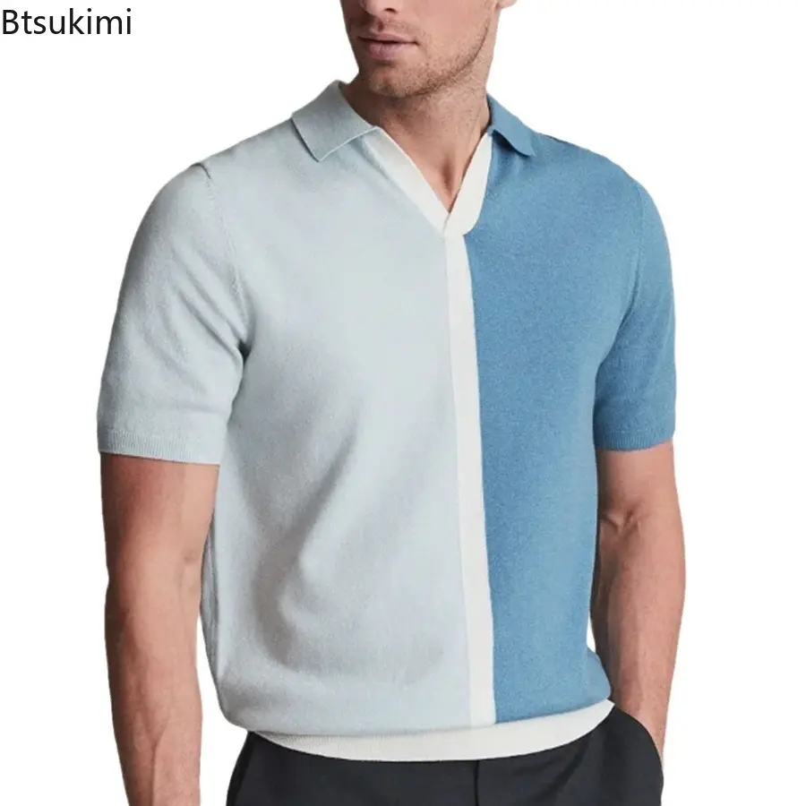 2025 New Men's Knitted Short-sleeved Polo Shirts Fashion Patchwork Contrast Color Design Men Business Casual Lapel Pullover Tops