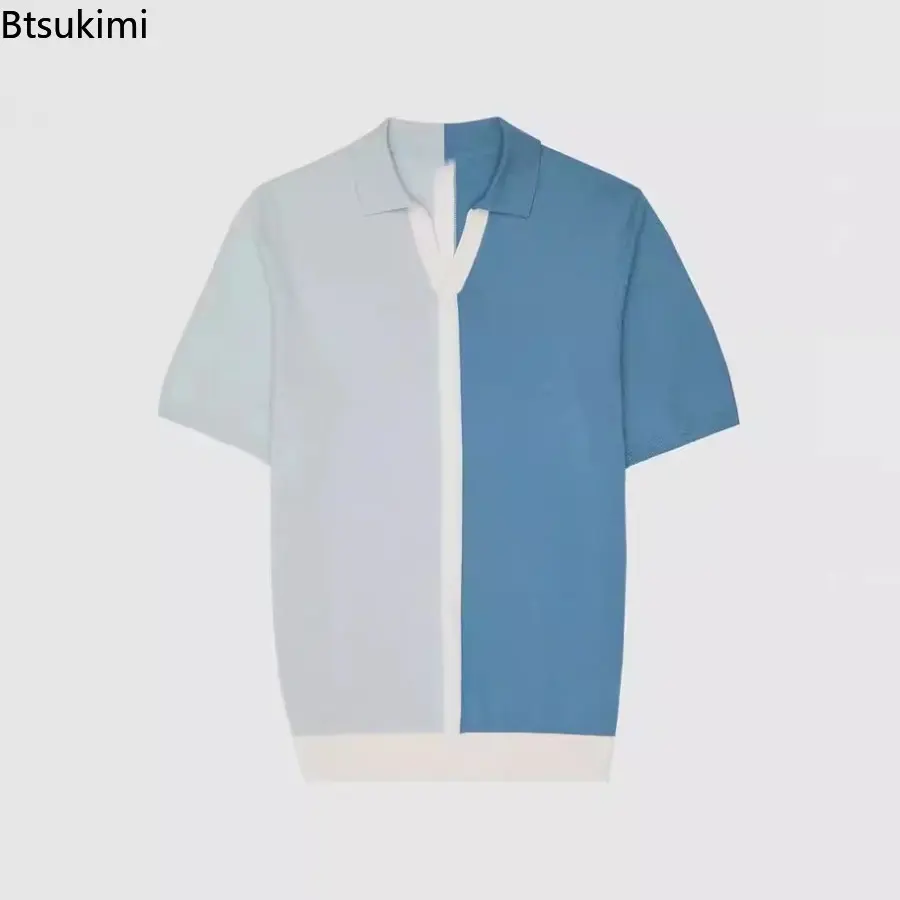 2025 New Men's Knitted Short-sleeved Polo Shirts Fashion Patchwork Contrast Color Design Men Business Casual Lapel Pullover Tops