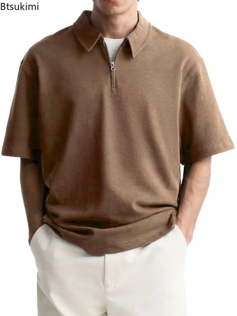 2025 Summer Men's Solid Color Polo Shirts V-neck Half-zip Lapel Short Sleeve T-shirt  for Men Casual Loose and Breathable Tops