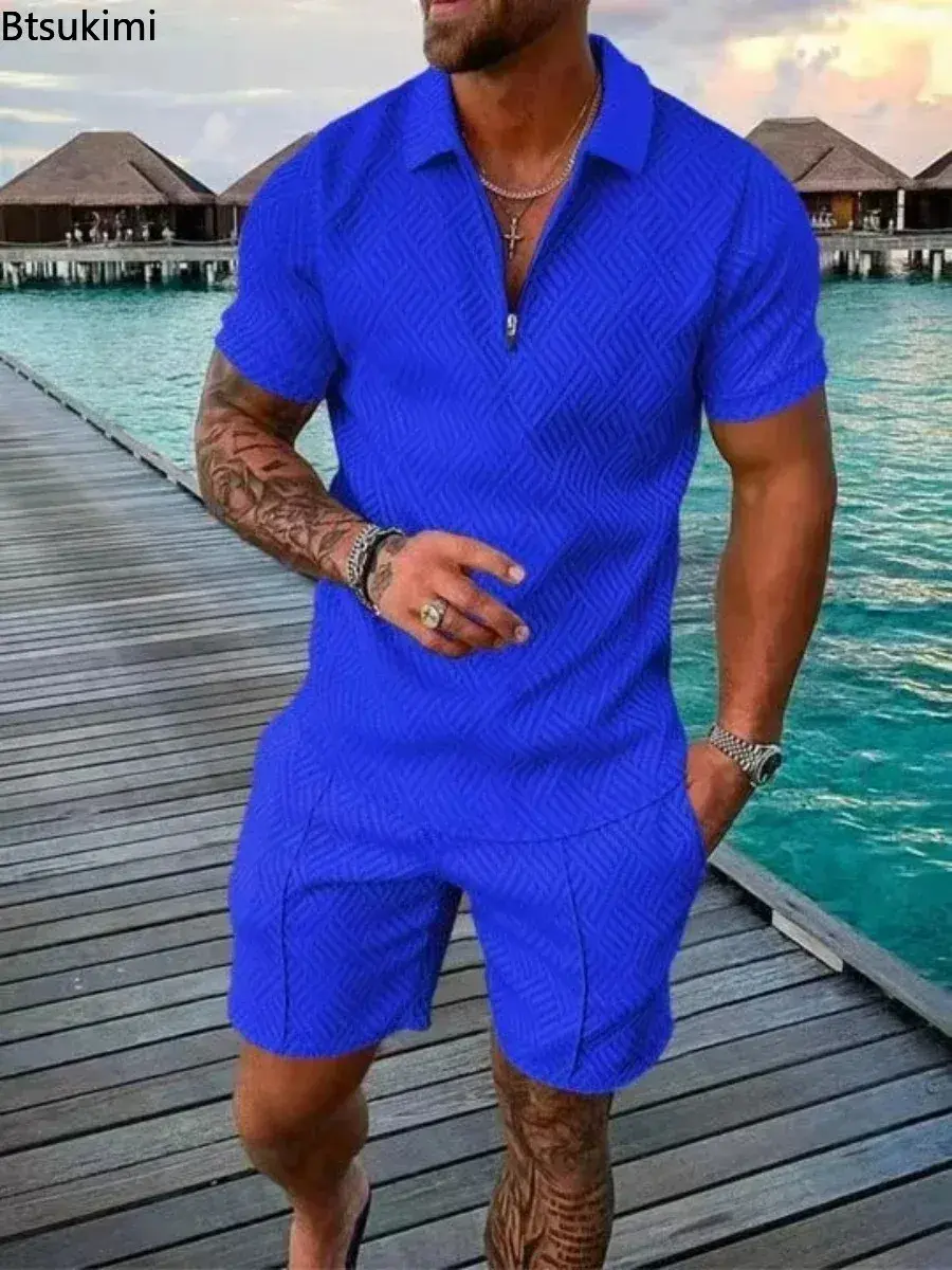 Summer New Men's Casual Sets Fashion Half Zipper Short Sleeve Polo Shirt and Shorts Two Pieces Man Trend Printed Vacation Outfit