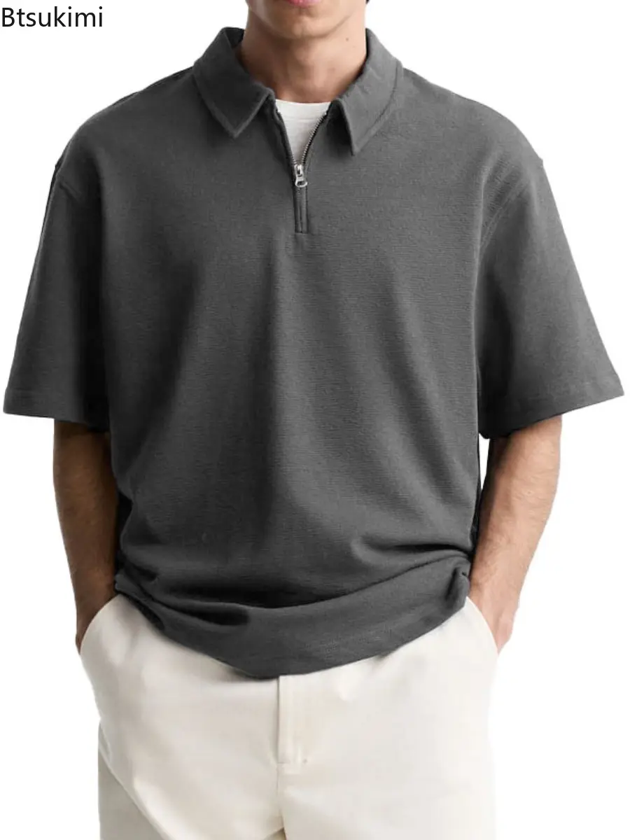 2025 Summer Men's Solid Color Polo Shirts V-neck Half-zip Lapel Short Sleeve T-shirt  for Men Casual Loose and Breathable Tops