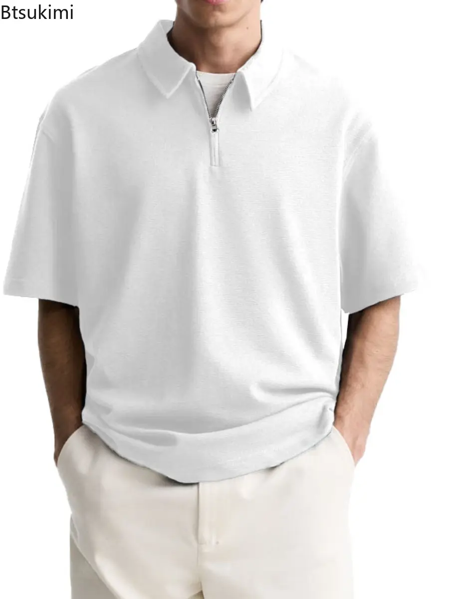 2025 Summer Men's Solid Color Polo Shirts V-neck Half-zip Lapel Short Sleeve T-shirt  for Men Casual Loose and Breathable Tops