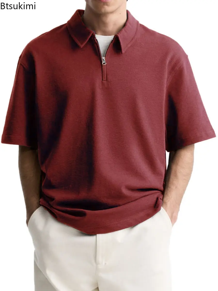 2025 Summer Men's Solid Color Polo Shirts V-neck Half-zip Lapel Short Sleeve T-shirt  for Men Casual Loose and Breathable Tops