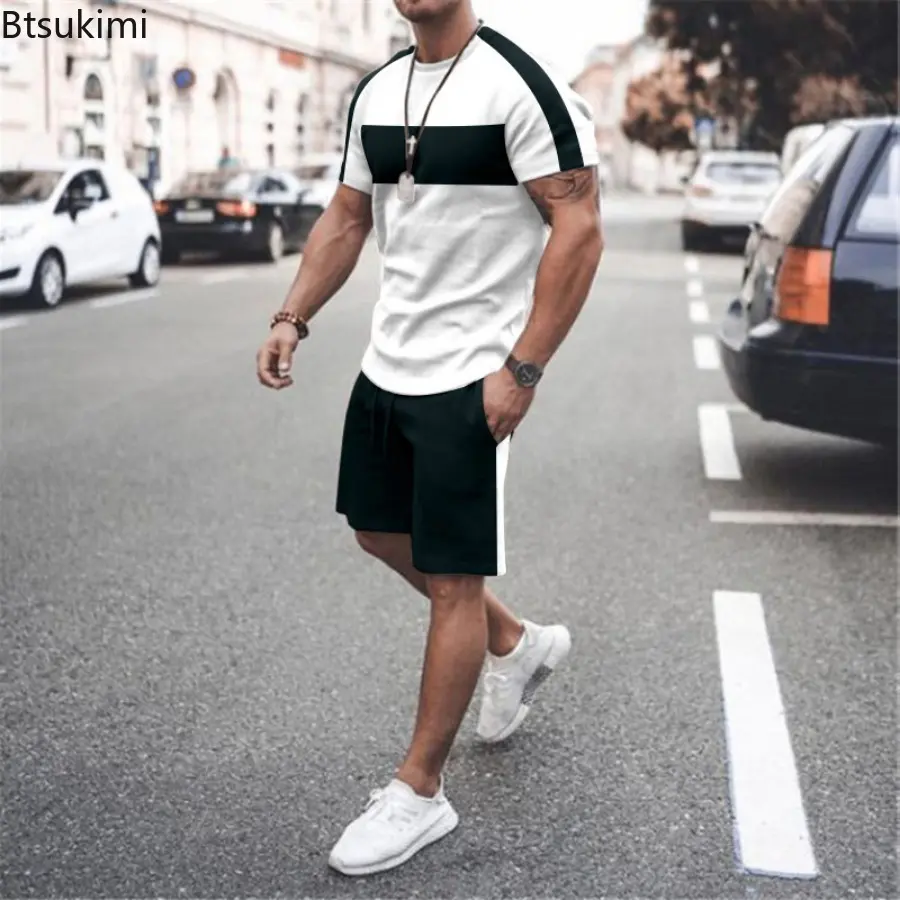 New Men's Summer Sport Gym Fitness Sets Fashion Patchwork Design Loose Casual Tracksuit Men Two Pieces Short-sleeved Tops+Shorts