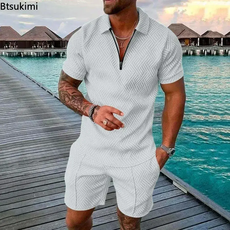 Summer New Men's Casual Sets Fashion Half Zipper Short Sleeve Polo Shirt and Shorts Two Pieces Man Trend Printed Vacation Outfit