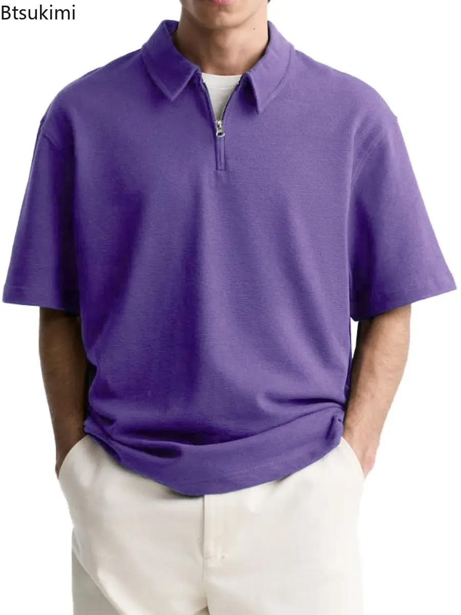 2025 Summer Men's Solid Color Polo Shirts V-neck Half-zip Lapel Short Sleeve T-shirt  for Men Casual Loose and Breathable Tops