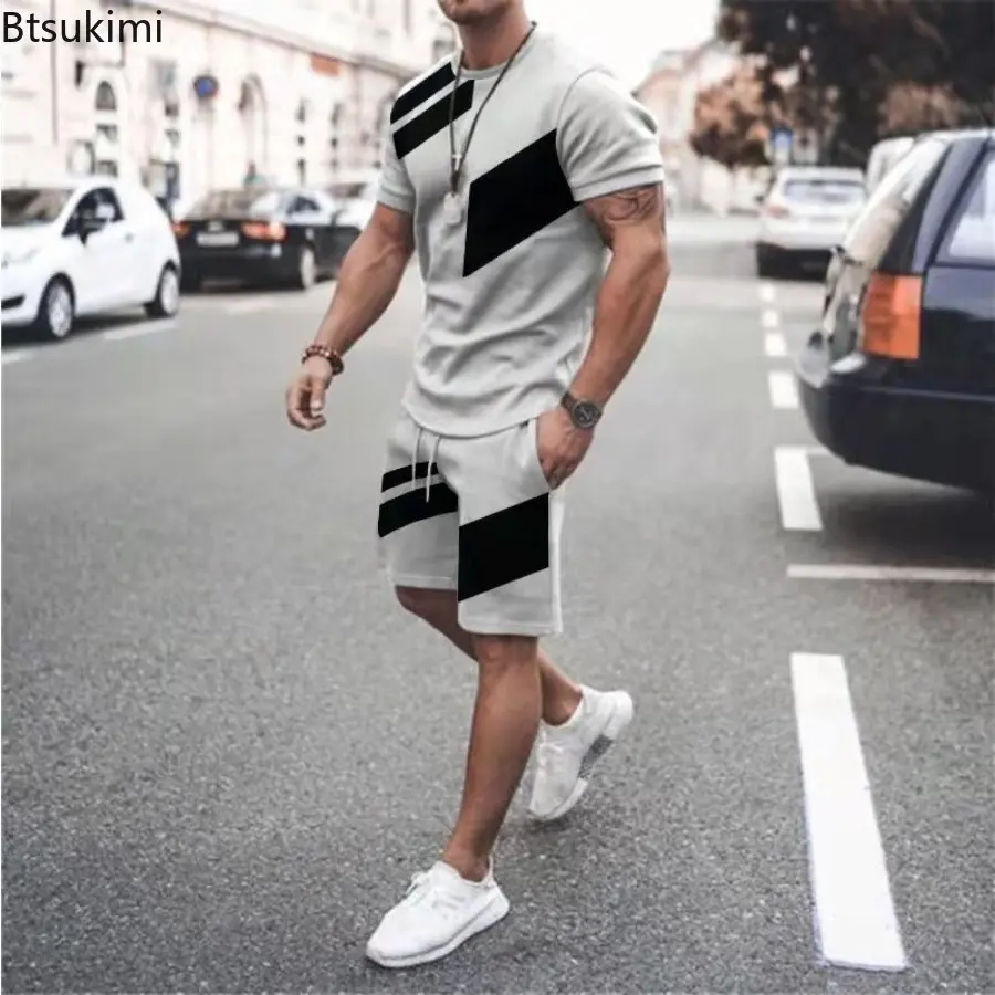 New Men's Summer Sport Gym Fitness Sets Fashion Patchwork Design Loose Casual Tracksuit Men Two Pieces Short-sleeved Tops+Shorts