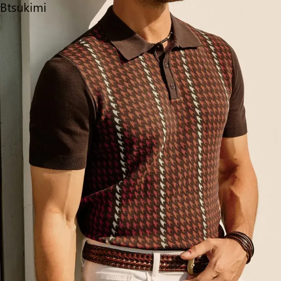 2025 Summer New Knitted Polo Shirt for Men Fashion Jacquard Business Casual Shirt Tops High-end Men's Short-sleeved Knit T-shirt