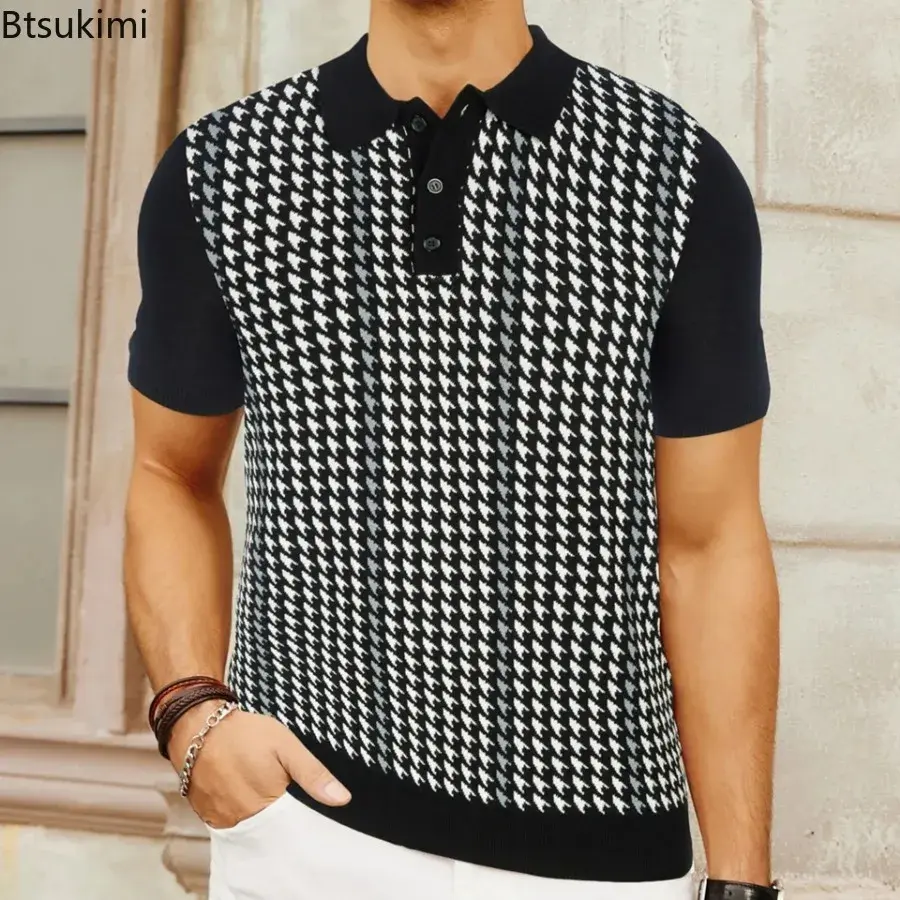 2025 Summer New Knitted Polo Shirt for Men Fashion Jacquard Business Casual Shirt Tops High-end Men's Short-sleeved Knit T-shirt
