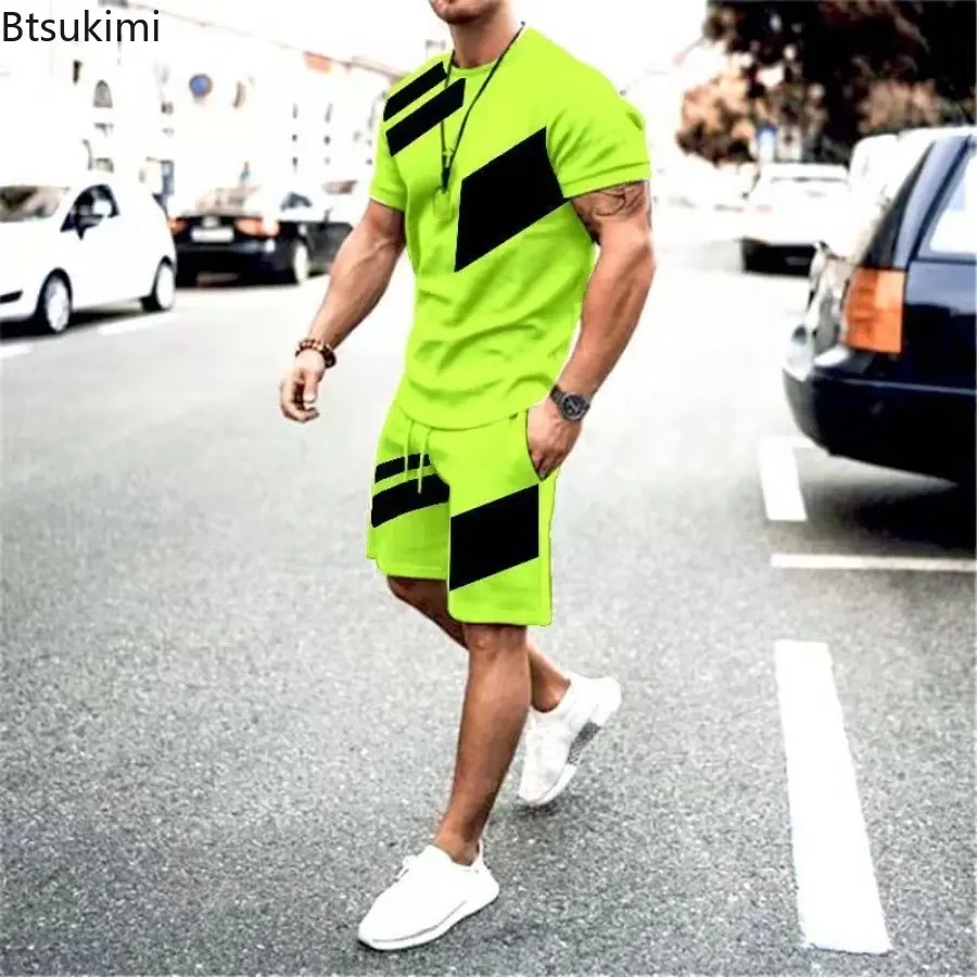 New Men's Summer Sport Gym Fitness Sets Fashion Patchwork Design Loose Casual Tracksuit Men Two Pieces Short-sleeved Tops+Shorts