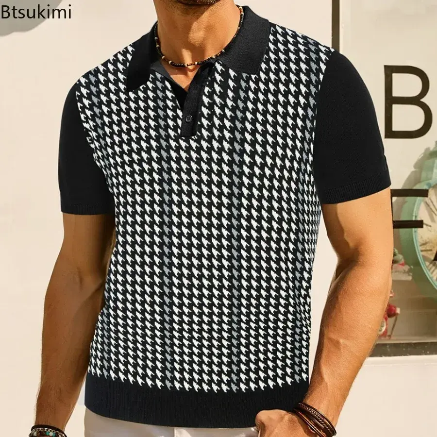 2025 Summer New Knitted Polo Shirt for Men Fashion Jacquard Business Casual Shirt Tops High-end Men's Short-sleeved Knit T-shirt