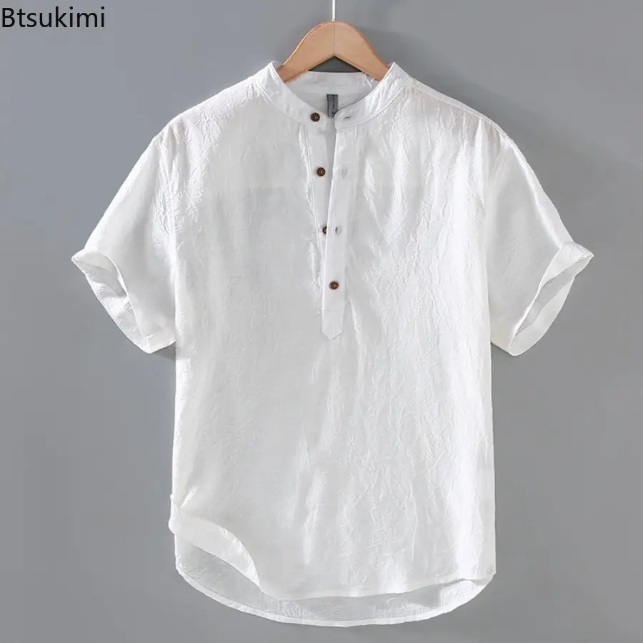 2025 New Mens Short Sleeve Shirts Casual Stand Collar Button  T Shirt Summer Pullover Henry Collar TShirts Breathable Streetwear
