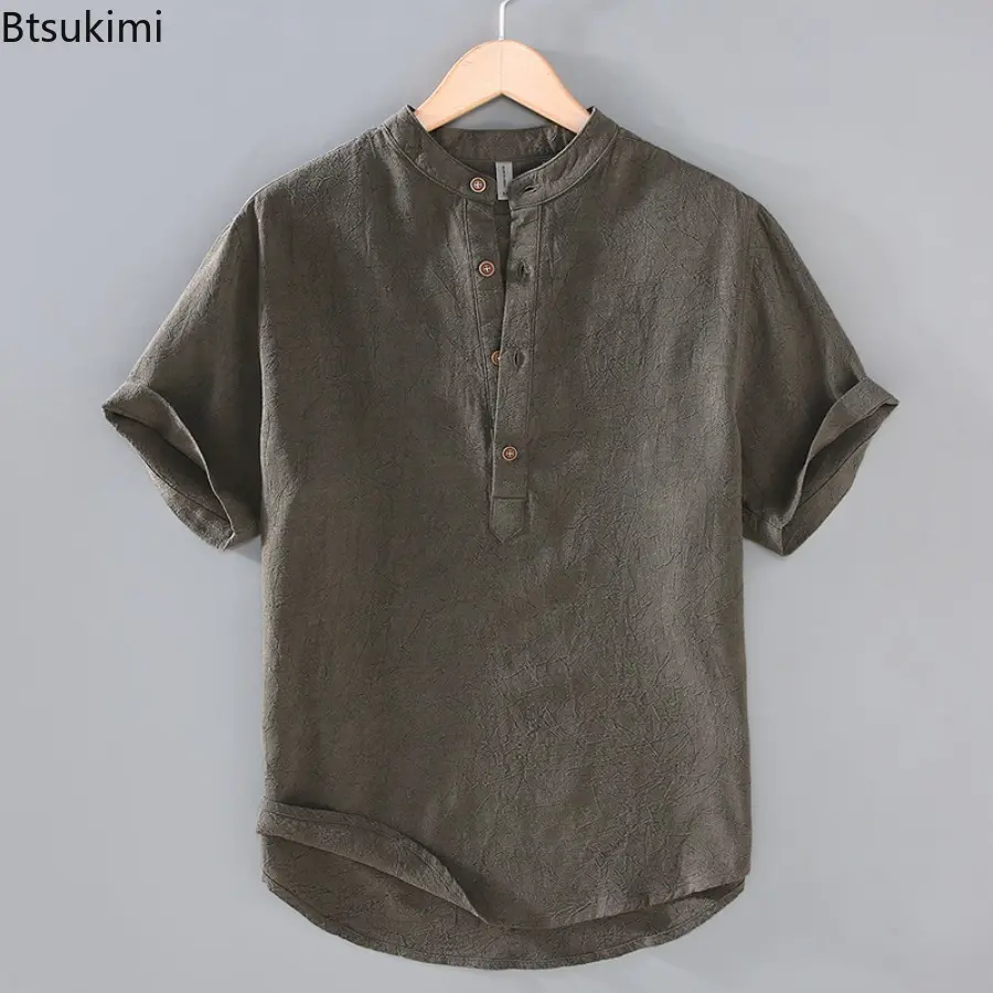 2025 New Mens Short Sleeve Shirts Casual Stand Collar Button  T Shirt Summer Pullover Henry Collar TShirts Breathable Streetwear