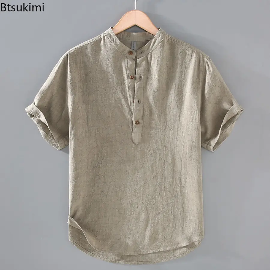 2025 New Mens Short Sleeve Shirts Casual Stand Collar Button  T Shirt Summer Pullover Henry Collar TShirts Breathable Streetwear