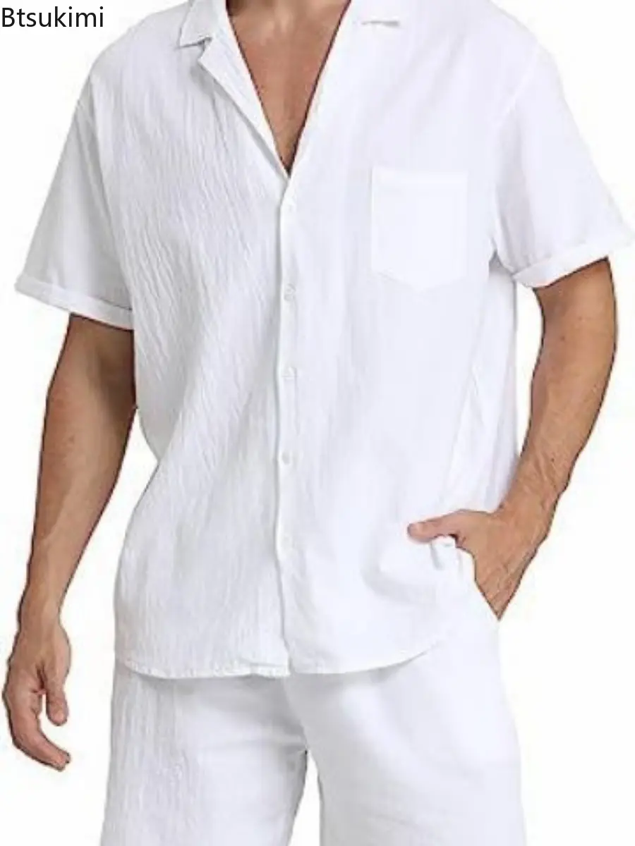 Summer Fashion Cotton Linen Shirt Set New Men's Outdoor Casual Sport 2-Piece Sets Comfy Breathable Loose Beach Short Sleeve Suit