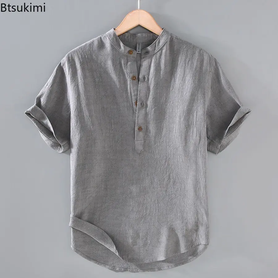 2025 New Mens Short Sleeve Shirts Casual Stand Collar Button  T Shirt Summer Pullover Henry Collar TShirts Breathable Streetwear