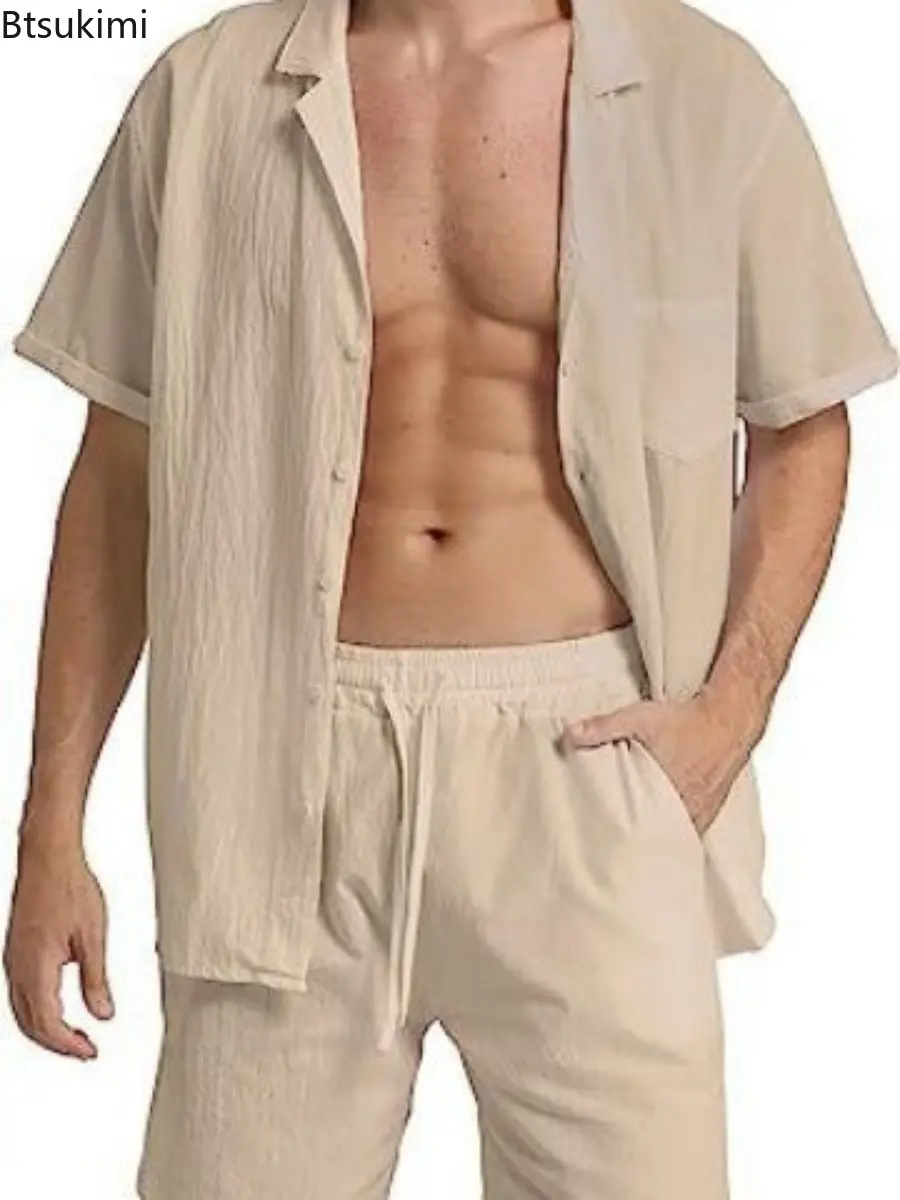 Summer Fashion Cotton Linen Shirt Set New Men's Outdoor Casual Sport 2-Piece Sets Comfy Breathable Loose Beach Short Sleeve Suit