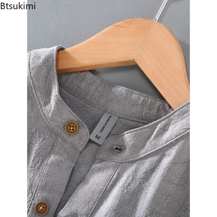 2025 New Mens Short Sleeve Shirts Casual Stand Collar Button  T Shirt Summer Pullover Henry Collar TShirts Breathable Streetwear
