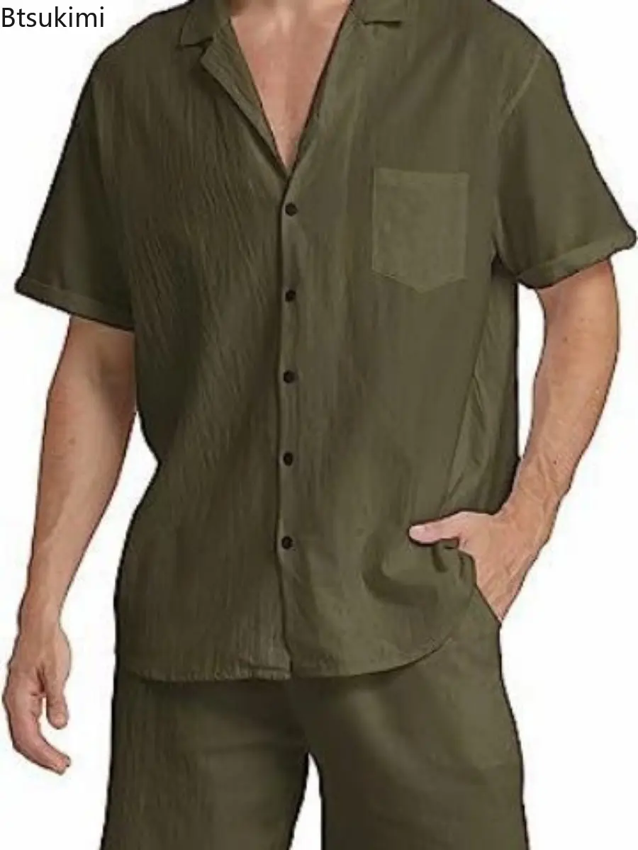 Summer Fashion Cotton Linen Shirt Set New Men's Outdoor Casual Sport 2-Piece Sets Comfy Breathable Loose Beach Short Sleeve Suit