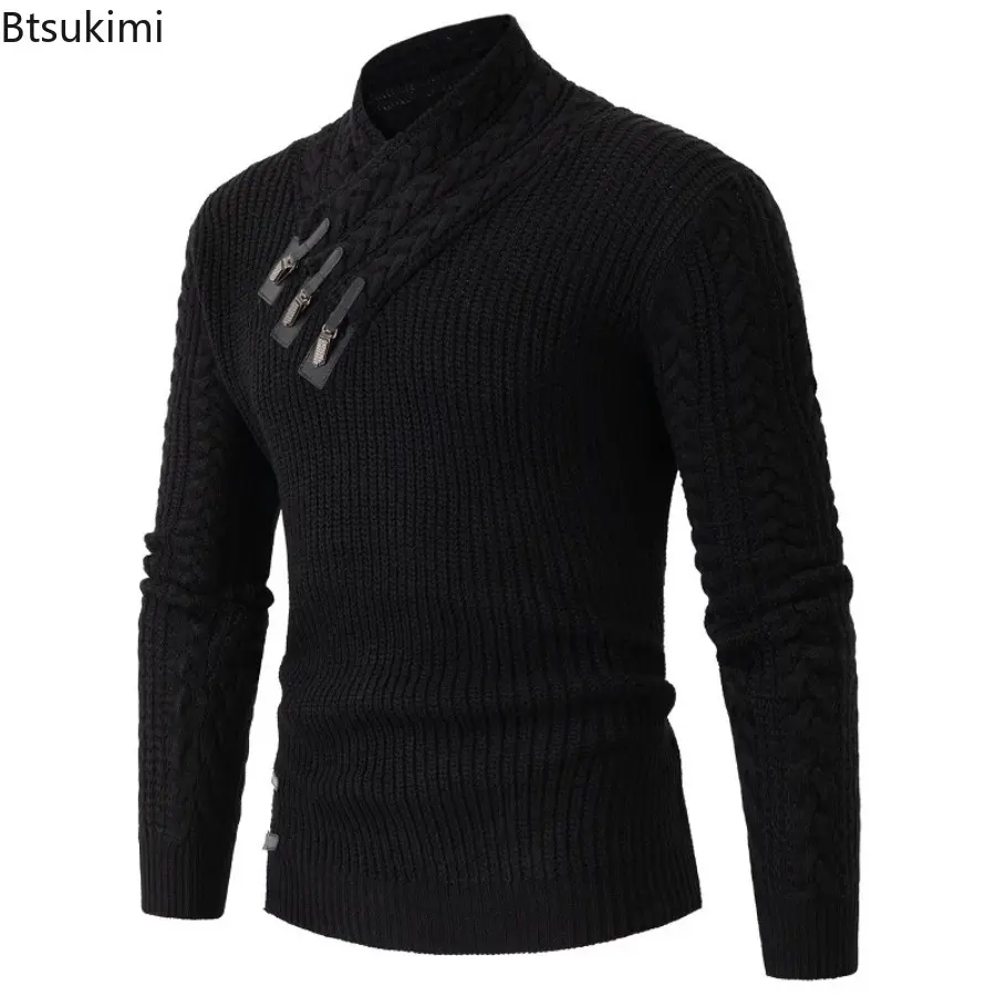 2025 Autumn and Winter Mens Sweater Long Sleeve Solid Knitted Pullover Tops Fashion High Neck Slim Fit Warm Sweater Mens Wear