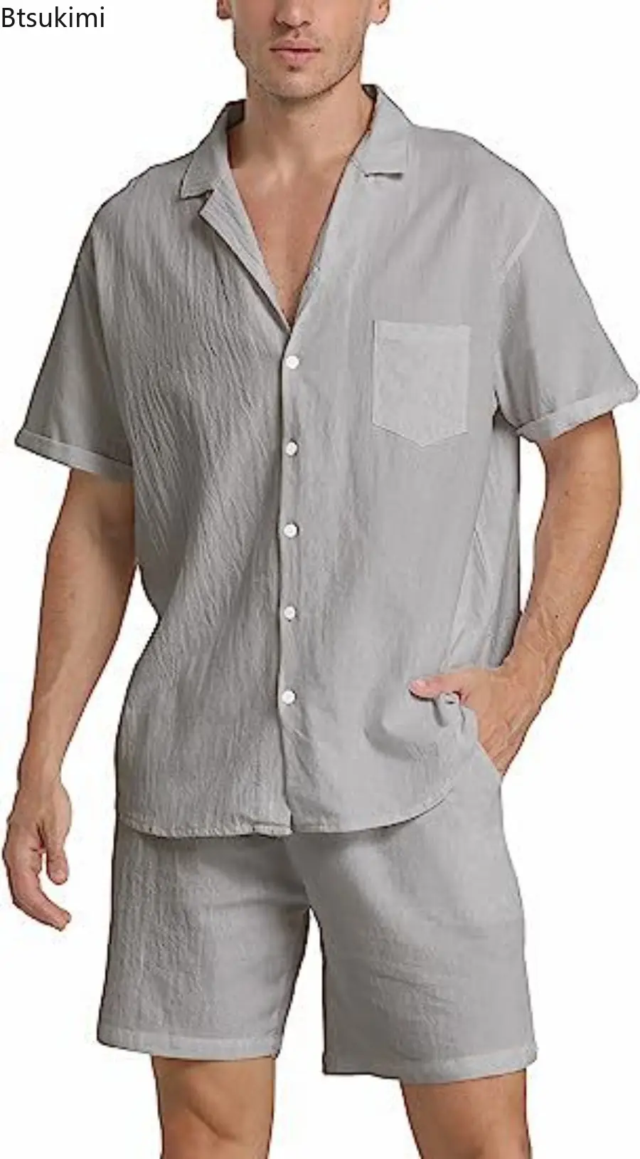 Summer Fashion Cotton Linen Shirt Set New Men's Outdoor Casual Sport 2-Piece Sets Comfy Breathable Loose Beach Short Sleeve Suit