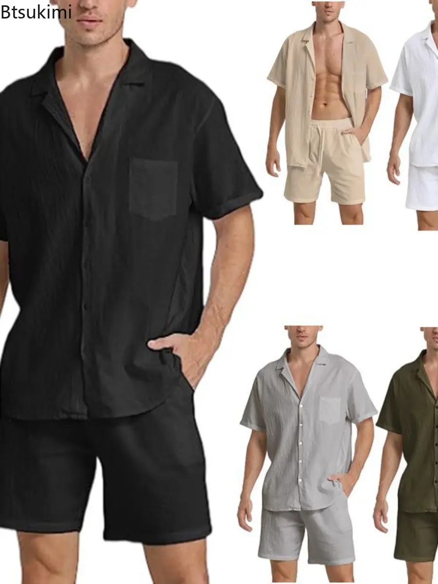 Summer Fashion Cotton Linen Shirt Set New Men's Outdoor Casual Sport 2-Piece Sets Comfy Breathable Loose Beach Short Sleeve Suit