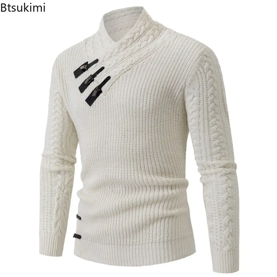 2025 Autumn and Winter Mens Sweater Long Sleeve Solid Knitted Pullover Tops Fashion High Neck Slim Fit Warm Sweater Mens Wear