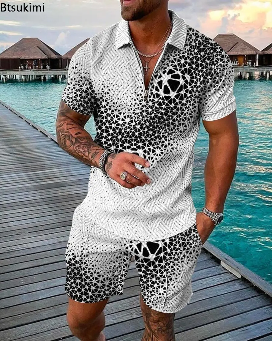 2025 Summer Clothing Men's Trend 3D Printed Casual Two-pieces Vacation Outfit Fashion Contrast Color Polo Shirt Shorts Suit Male