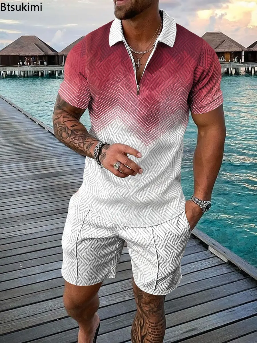 2025 Summer Clothing Men's Trend 3D Printed Casual Two-pieces Vacation Outfit Fashion Contrast Color Polo Shirt Shorts Suit Male