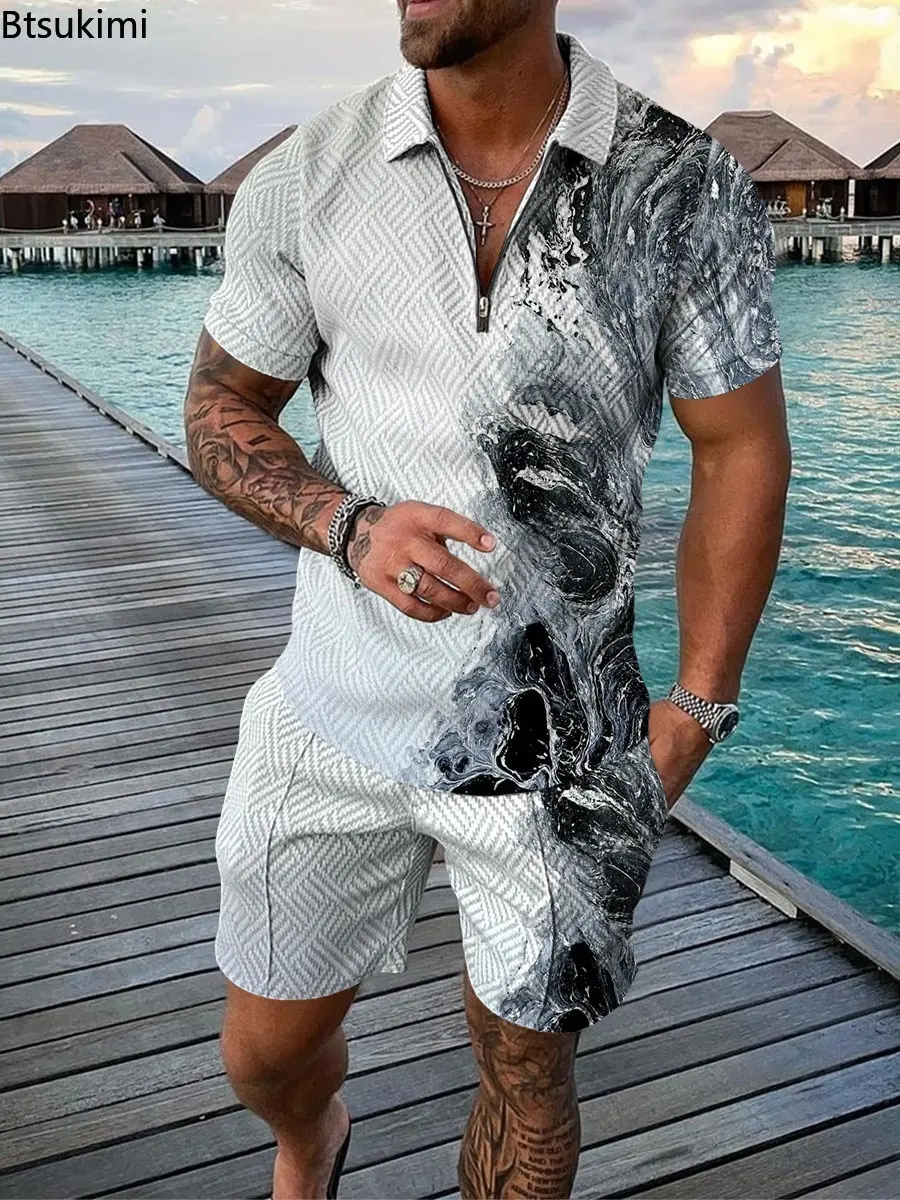 2025 Summer Clothing Men's Trend 3D Printed Casual Two-pieces Vacation Outfit Fashion Contrast Color Polo Shirt Shorts Suit Male
