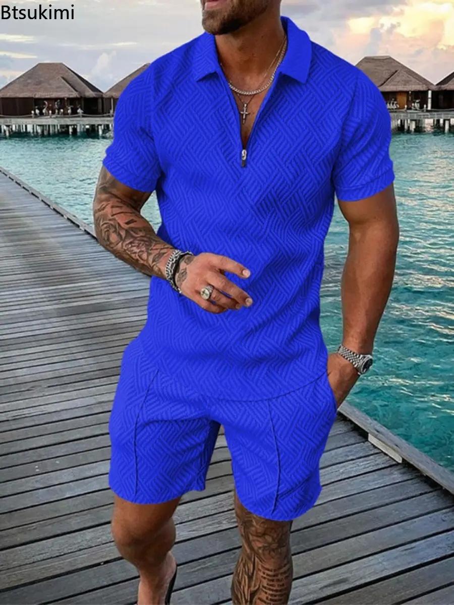 2025 Summer Clothing Men's Trend 3D Printed Casual Two-pieces Vacation Outfit Fashion Contrast Color Polo Shirt Shorts Suit Male