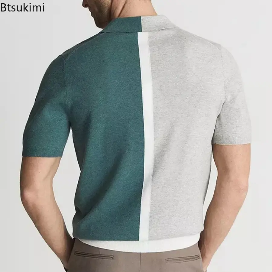 Summer Fashion Patchwork Knitted Polo Shirt for Men Breathable Short Sleeve Lapel Tops Contrast Color Design Knit Pullovers Male