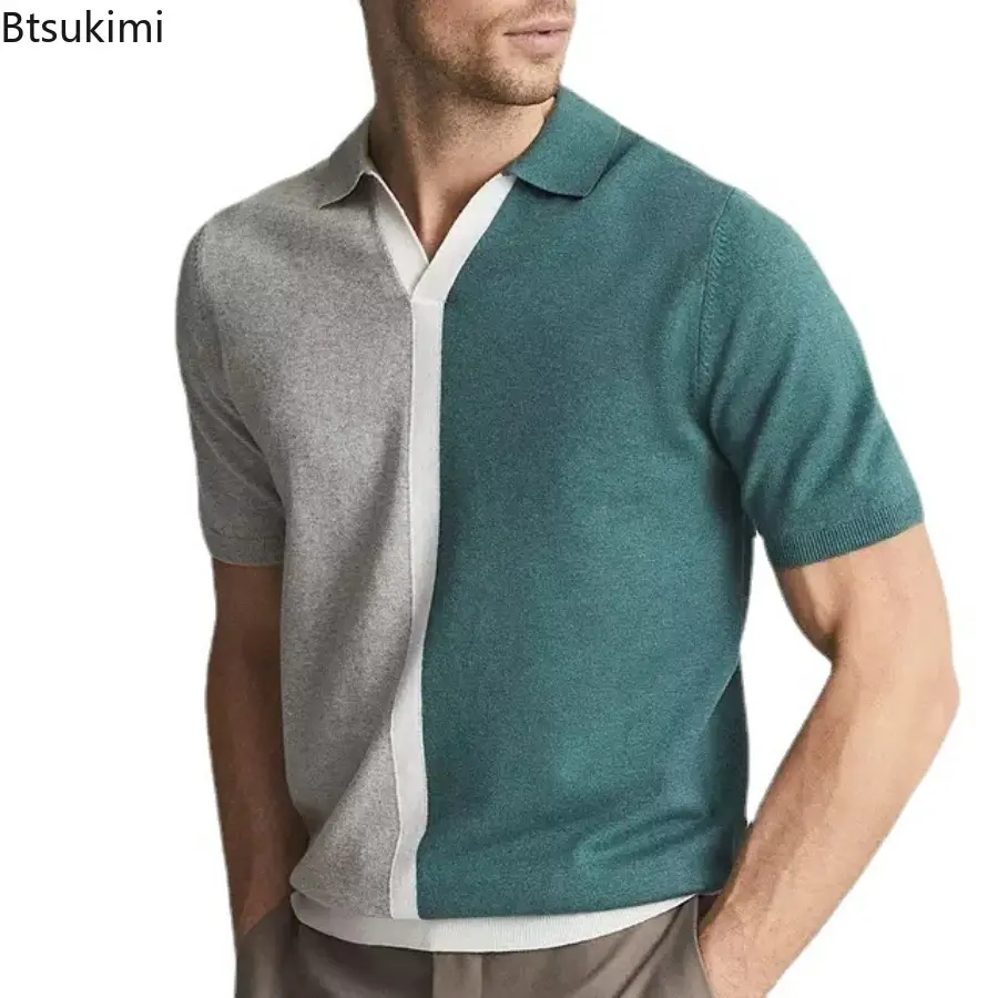 Summer Fashion Patchwork Knitted Polo Shirt for Men Breathable Short Sleeve Lapel Tops Contrast Color Design Knit Pullovers Male