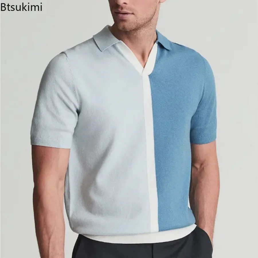 Summer Fashion Patchwork Knitted Polo Shirt for Men Breathable Short Sleeve Lapel Tops Contrast Color Design Knit Pullovers Male