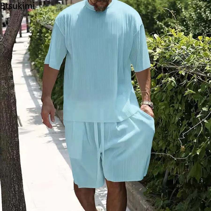 2025 Men's Loose Casual Sets Summer Cool Ice Silk Two-pieces Fashion Short-sleeved T-shirt and Shorts Sport Outfit Men Tracksuit