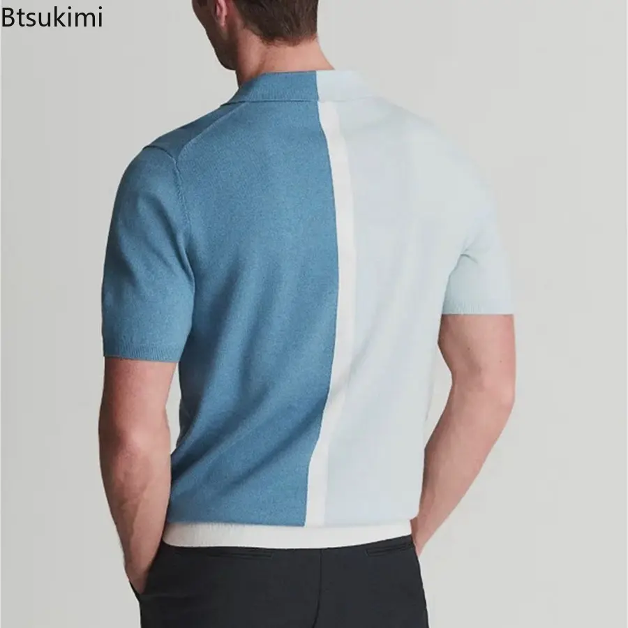 Summer Fashion Patchwork Knitted Polo Shirt for Men Breathable Short Sleeve Lapel Tops Contrast Color Design Knit Pullovers Male