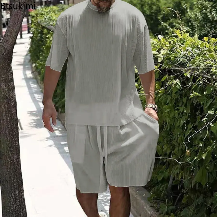 2025 Men's Loose Casual Sets Summer Cool Ice Silk Two-pieces Fashion Short-sleeved T-shirt and Shorts Sport Outfit Men Tracksuit