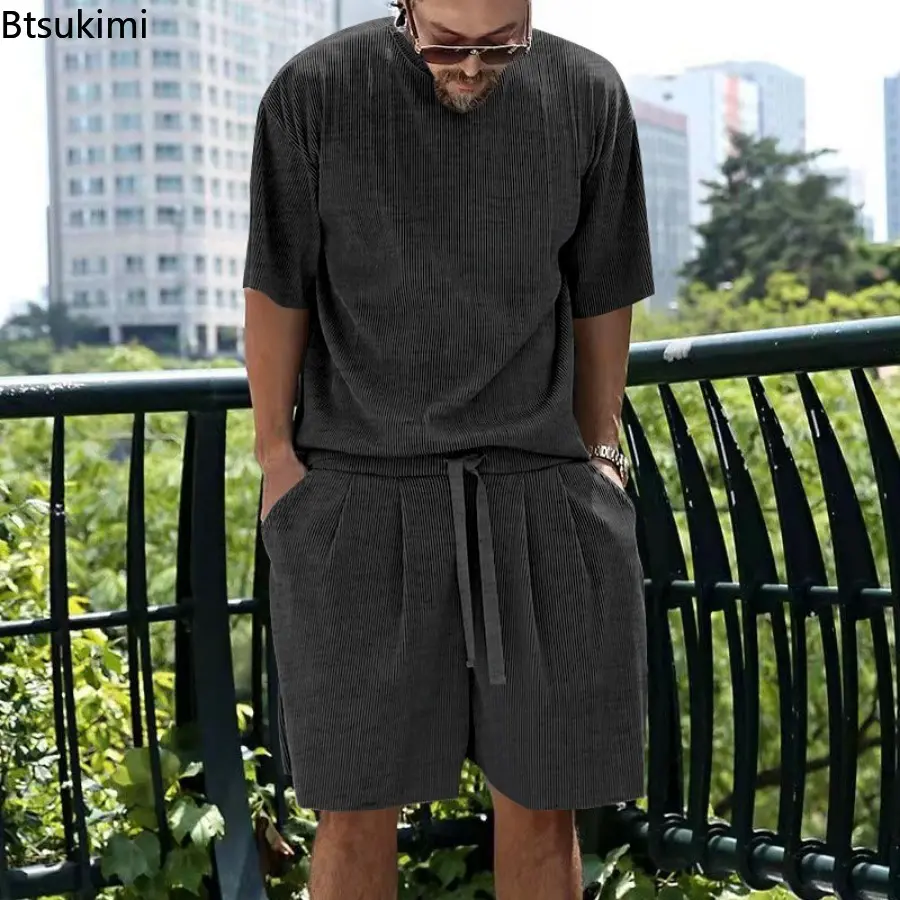 2025 Men's Loose Casual Sets Summer Cool Ice Silk Two-pieces Fashion Short-sleeved T-shirt and Shorts Sport Outfit Men Tracksuit