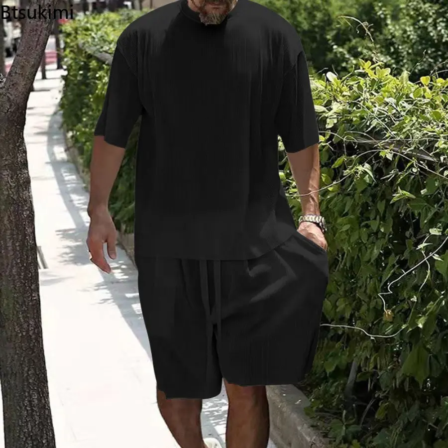 2025 Men's Loose Casual Sets Summer Cool Ice Silk Two-pieces Fashion Short-sleeved T-shirt and Shorts Sport Outfit Men Tracksuit