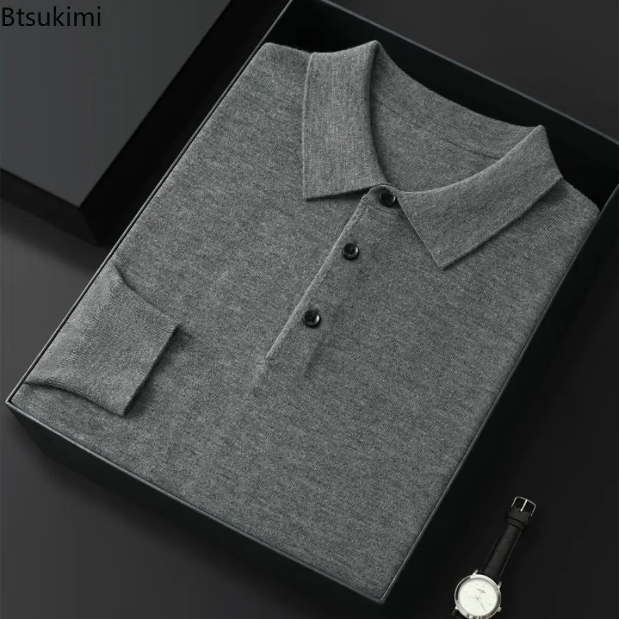 2025 Men's New Spring Autumn POLO Shirt Sweater Loose Knitted Pullover Solid Sweater Fall Winter Casual Business Office Jacket