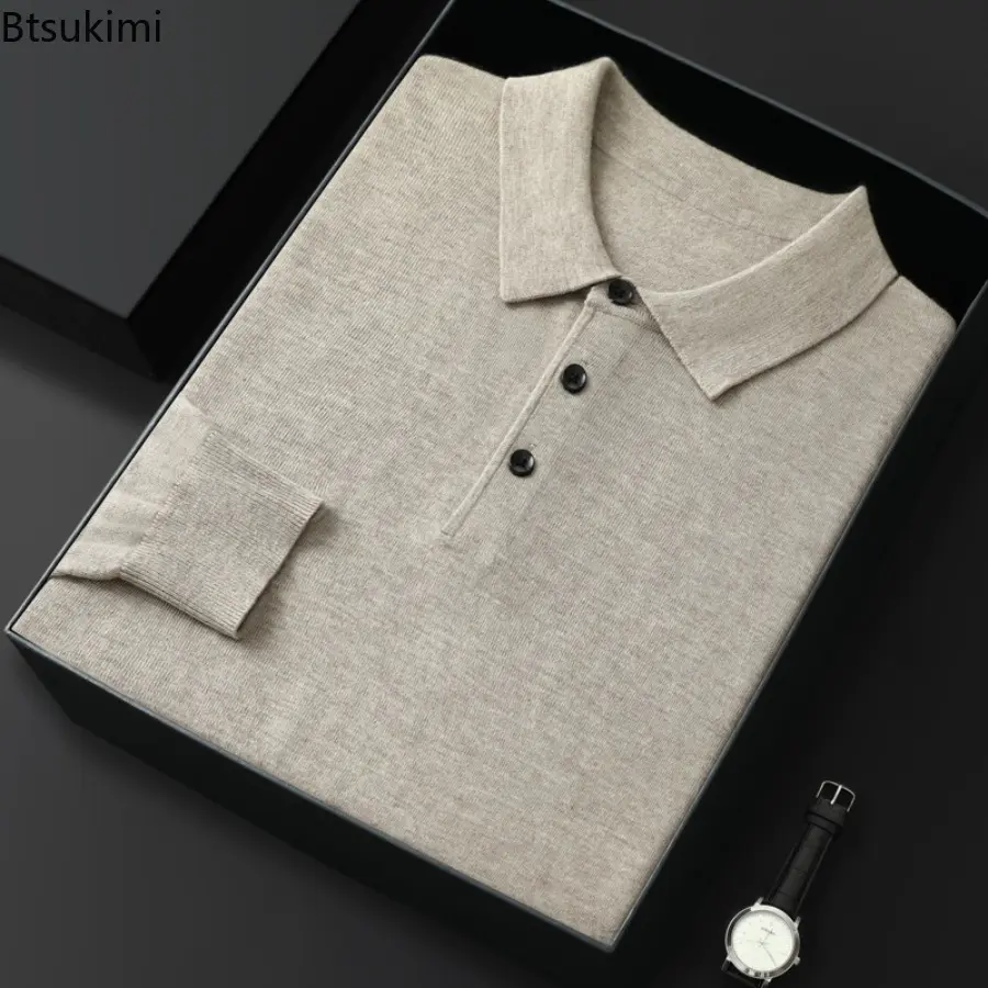 2025 Men's New Spring Autumn POLO Shirt Sweater Loose Knitted Pullover Solid Sweater Fall Winter Casual Business Office Jacket