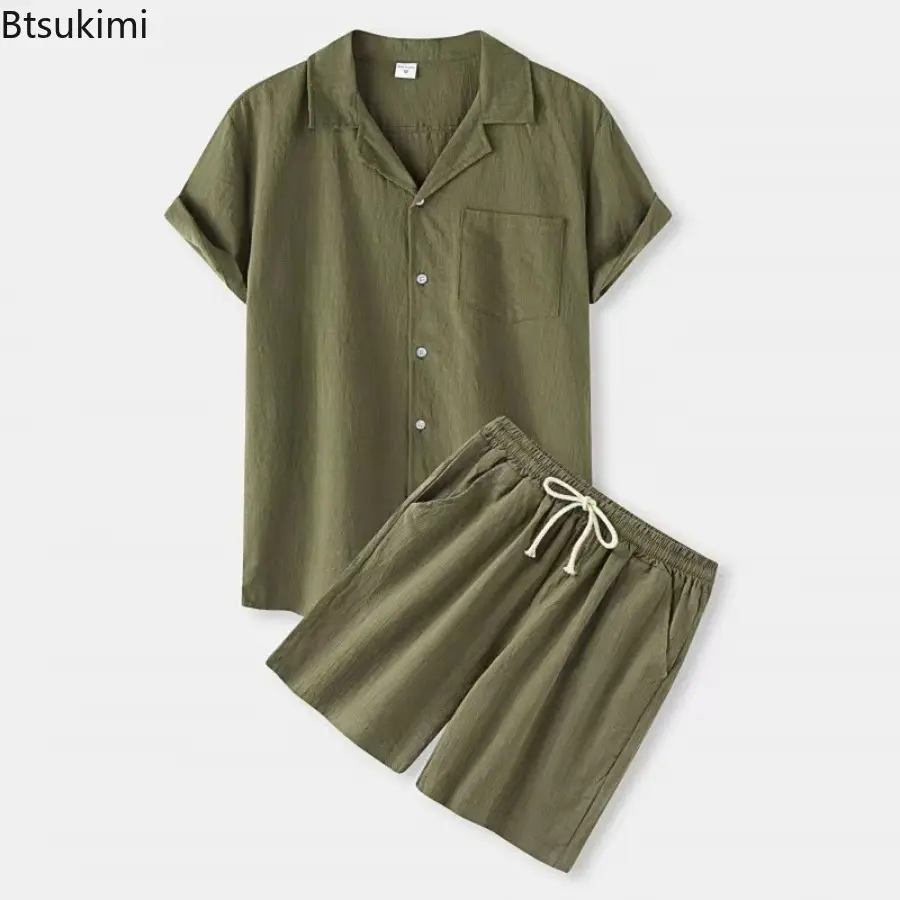 Cool Summer Comfortable Shirt Sets Men's Solid Short-sleeved Button Shirt and Shorts Casual Suit Men Cotton Linen Two Piece Sets