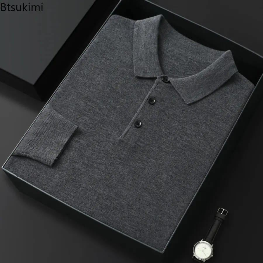 2025 Men's New Spring Autumn POLO Shirt Sweater Loose Knitted Pullover Solid Sweater Fall Winter Casual Business Office Jacket